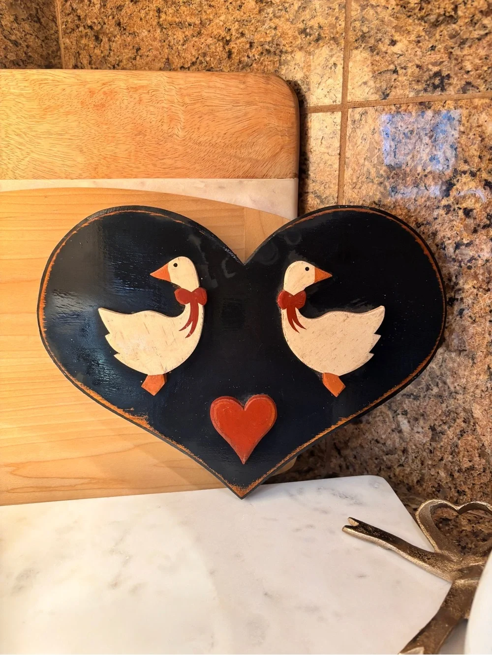 Handcrafted Heart Plaque with Folk Art Ducks